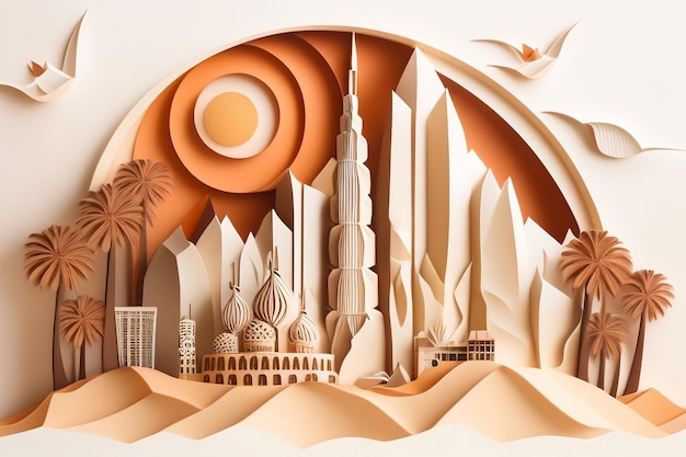 A paper cut of a city with a moon and the words dubai on the top.