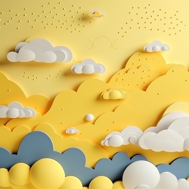 Paper cut clouds and yellow creative concept background