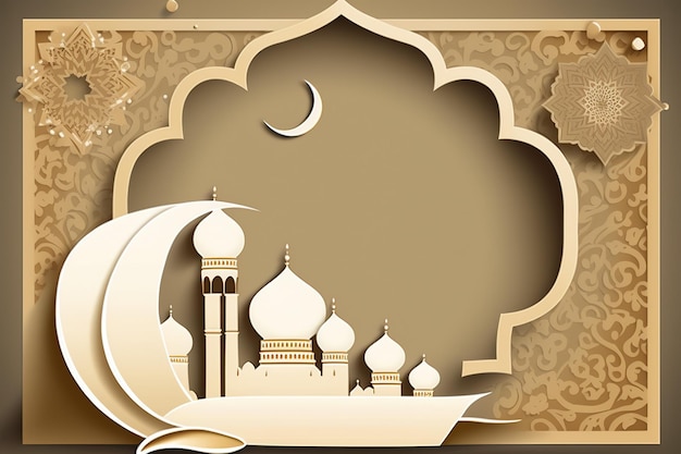 A paper cut design with a mosque and the moon in the middle.