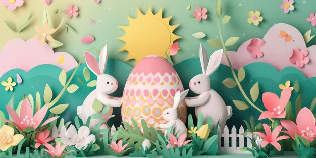 A paper cut easter scene with a bunny easter egg sun and flowers aige