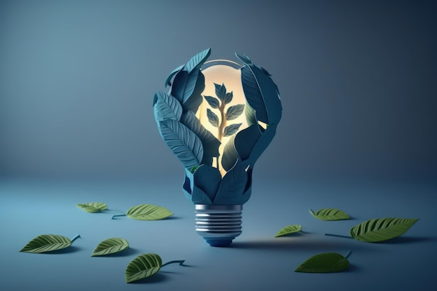 Paper cut of eco friendly light bulb with green leaves Sustainable energy concept Generative AI