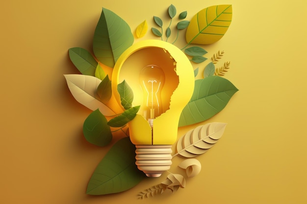 Paper cut of eco friendly light bulb with green leaves Sustainable energy concept Generative AI