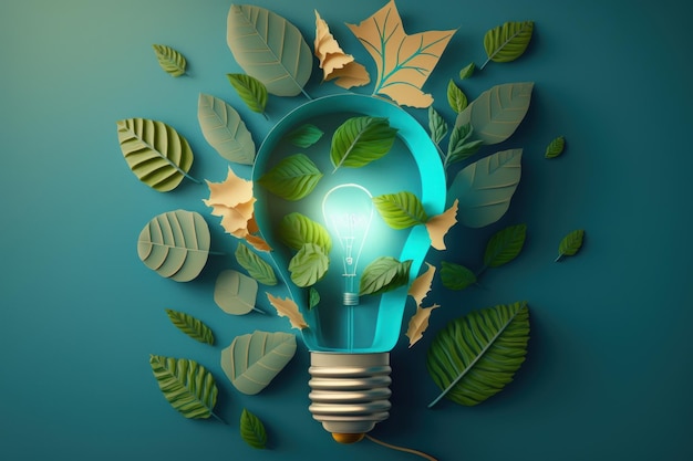 Paper cut of eco friendly light bulb with green leaves Sustainable energy concept Generative AI