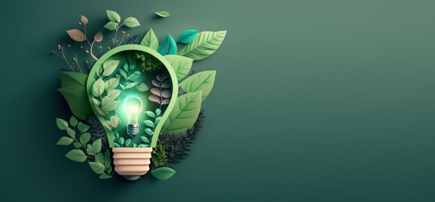 Paper cut of eco friendly light bulb with green leaves Sustainable energy concept Generative AI