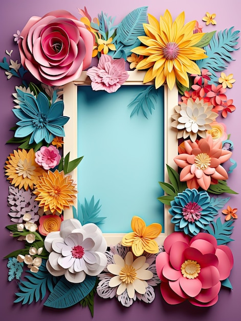 Paper cut flowers with frame on pink background Paper art style