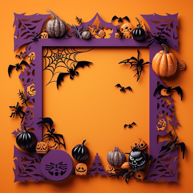 Paper cut Holloween border Bat Ghost Spider Pumpkin frame Halloween high quality ai generated