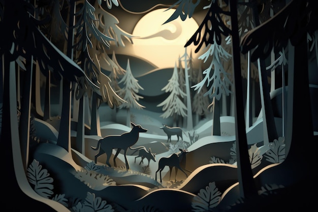 A paper cut illustration of deers in a snowy forest.