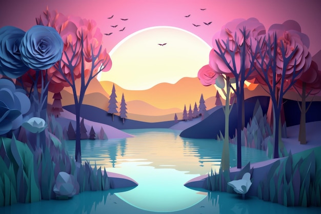 A paper cut illustration of a lake with a sunset and trees.