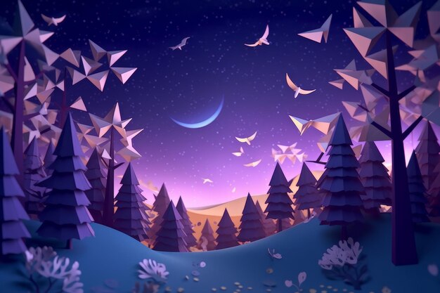 A paper cut illustration of a landscape with a moon and stars