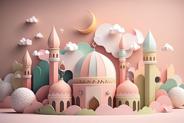 A paper cut illustration of a mosque and a moon eid mubarak ramadhan theme wallpaper