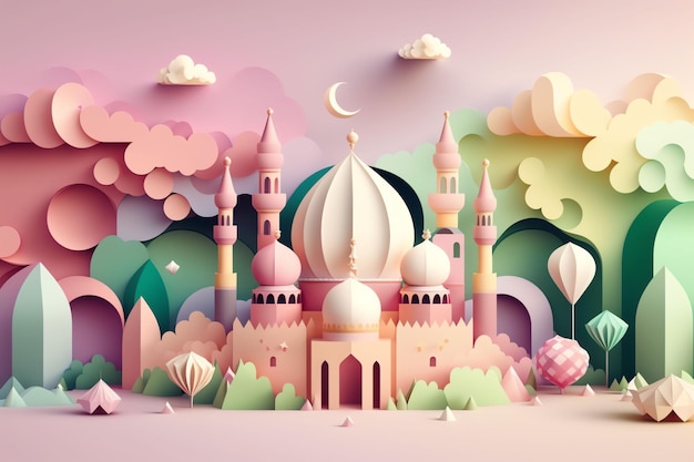 A paper cut illustration of a mosque and a moon ramadhan wallpaper eid mubarak wallpaper