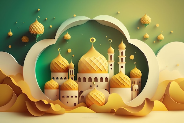 A paper cut illustration of a mosque and a moon ramadhan wallpaper