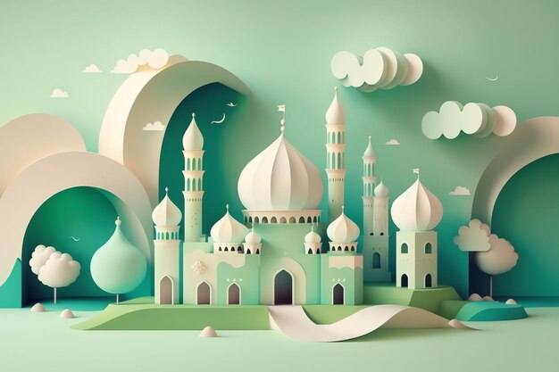 A paper cut illustration of a mosque with a moon and clouds in the background.