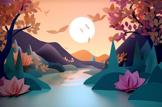 A paper cut illustration of a river with a mountain and a sun in the background.