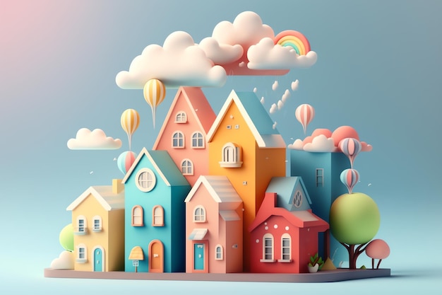 A paper cut illustration of a row of colorful houses with rainbows and clouds