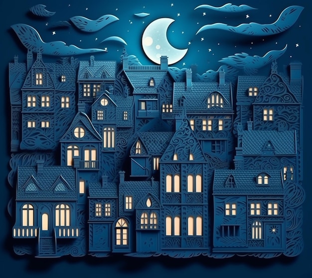 A paper cut illustration of a town at night with the moon in the background.