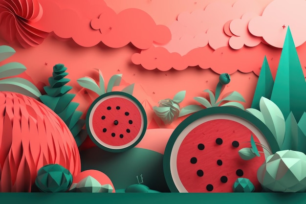 A paper cut illustration of watermelon and trees.