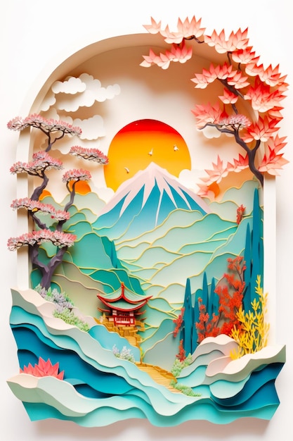 Paper cut of landscape with mountains trees and pagoda Generative AI