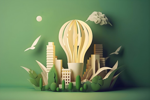 Paper cut of light bulb with eco city on a green background Save energy creative idea concept Generative AI 3