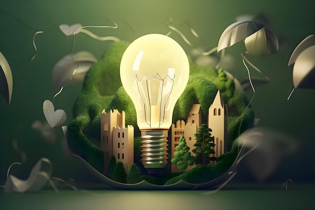 Paper cut of light bulb with eco city on green background Save energy creative idea concept Generative AI 5