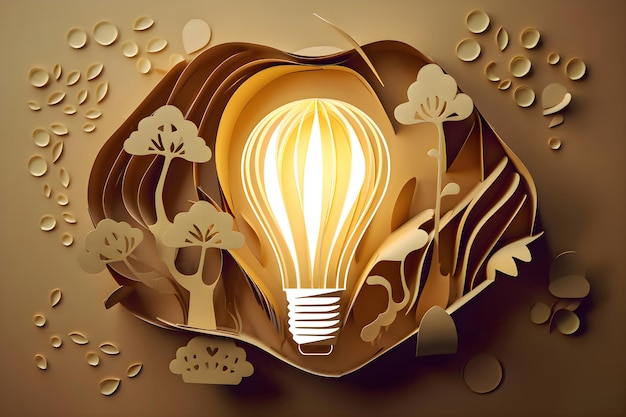 Paper cut of light bulb with green eco city on brown background Save energy concept Generative AI 1