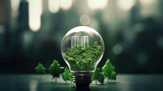 Photo paper cut of light bulb with green eco city renewable energy by 2050 carbon neutral energy or greenhouse gas emission co2 save energy creative idea concept generative ai