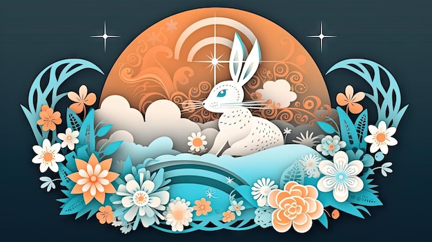 Paper Cut Mid Autumn Festival Banner with Rabbit Moon