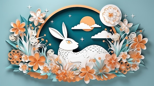 Paper Cut Mid Autumn Festival Banner with Rabbit Moon