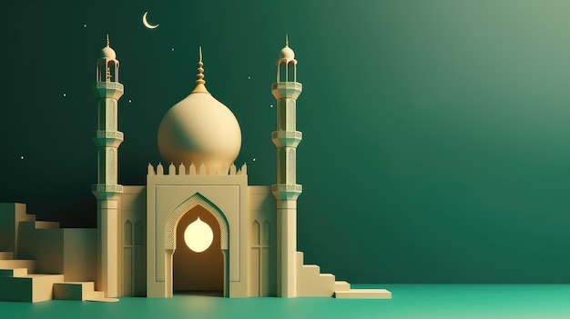 A paper cut of a mosque with the moon in the background.