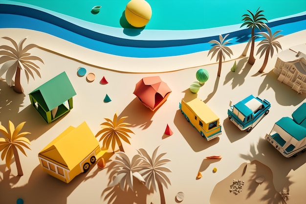 A paper cut out of a beach with a beach scene and a house on it.