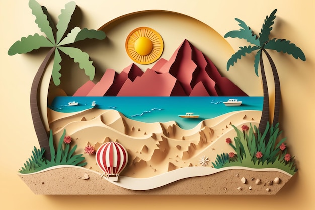 A paper cut out of a beach with a mountain and a hot air balloon.