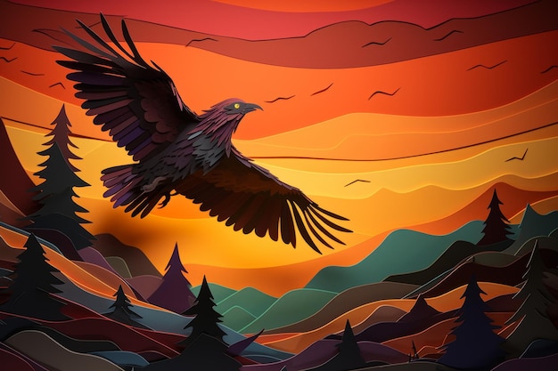 A paper cut out of a bird flying over a mountain landscape.