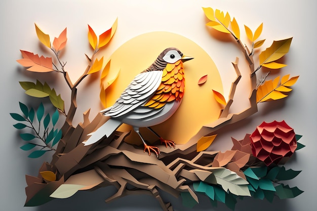 A paper cut out of a bird sits on a branch