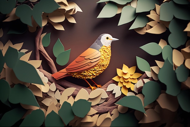 A paper cut out of a bird sits on a branch.