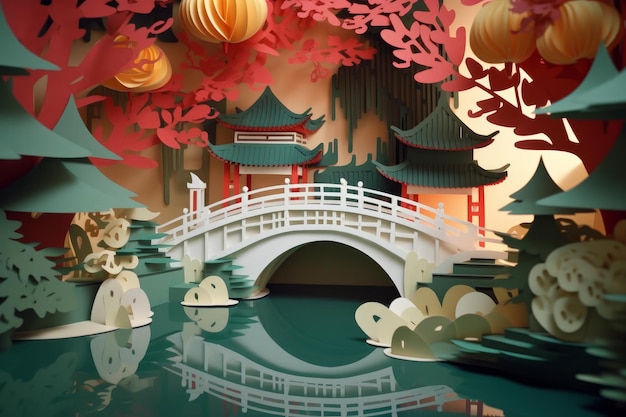 A paper cut out of a bridge with a chinese style house in the background.