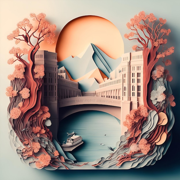 A paper cut out of a bridge with a mountain in the background.