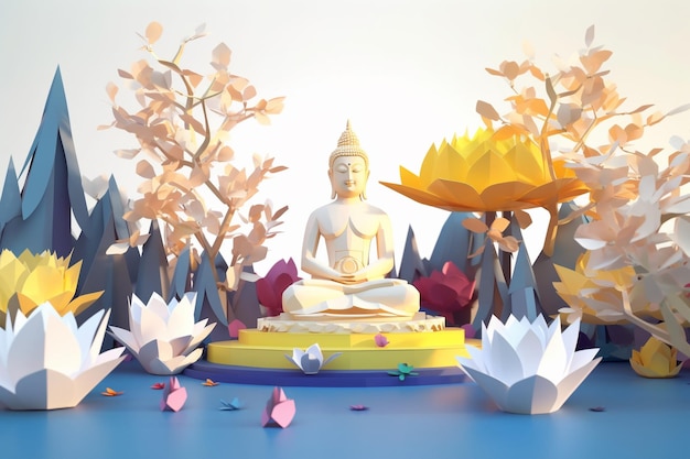 A paper cut out of a buddha sits in a lotus pond.