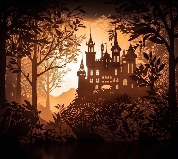 A paper cut out of a castle with the sun shining through the trees.