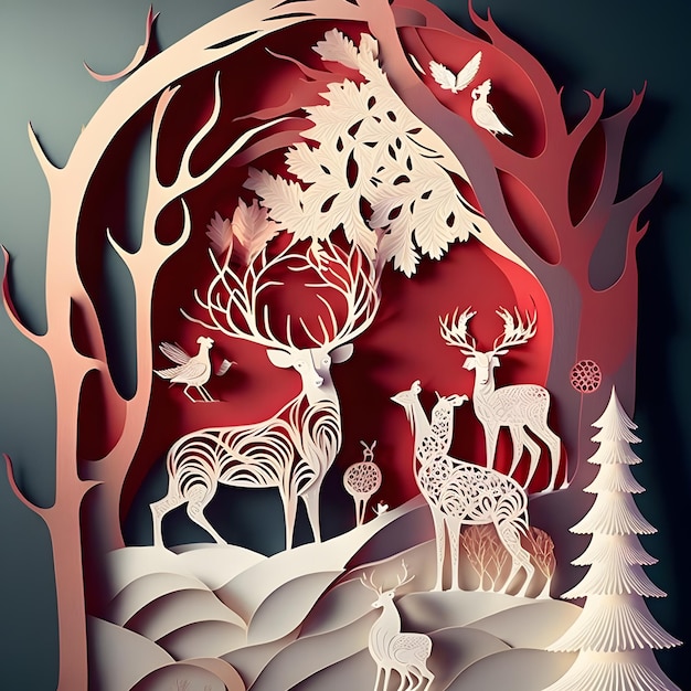 A paper cut out of a deer winter background in paper style