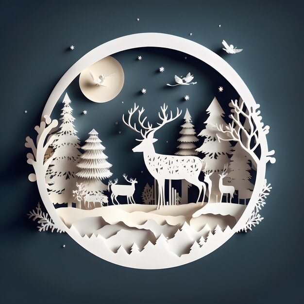 A paper cut out of a deer winter background in paper style