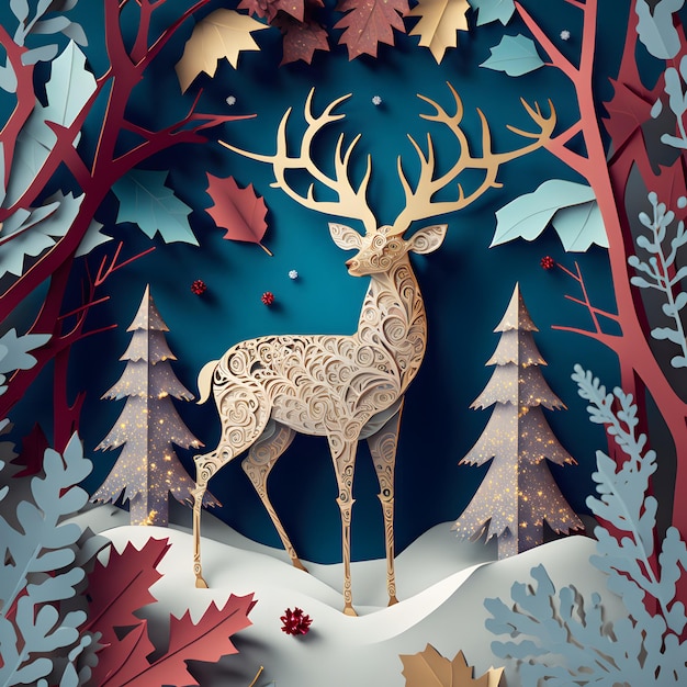 A paper cut out of a deer winter background in paper style