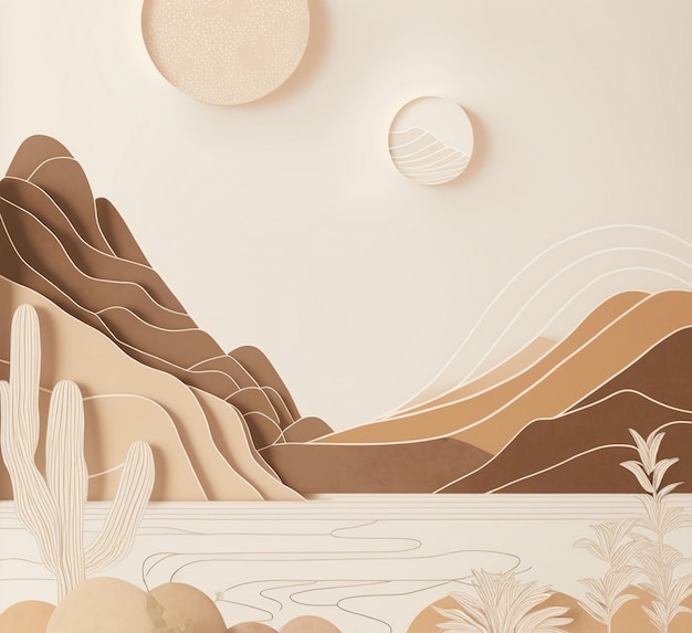 A paper cut out of a desert landscape with mountains and a sun in the background.