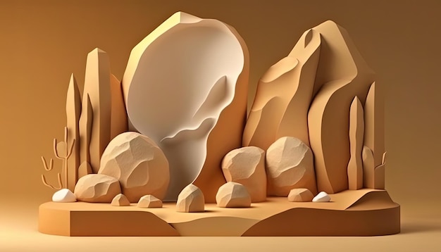 A paper cut out of a desert with rocks and a large rock.