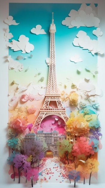 A paper cut out of eiffel tower with clouds and rainbows in the background.