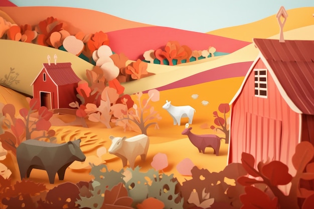 A paper cut out of a farm with a barn and cows in the background.