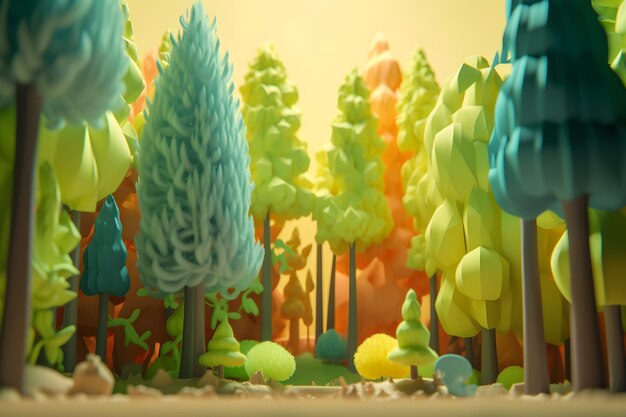 A paper cut out of a forest with a blue and yellow background.