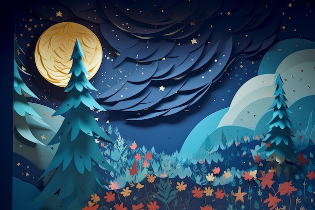 A paper cut out of a forest with a moon and stars on the left side.