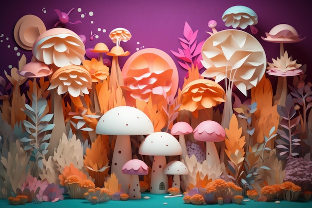 A paper cut out of a forest with mushrooms on it.