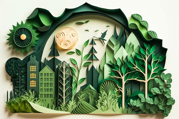 Paper cut out of forest with trees and buildings Generative AI