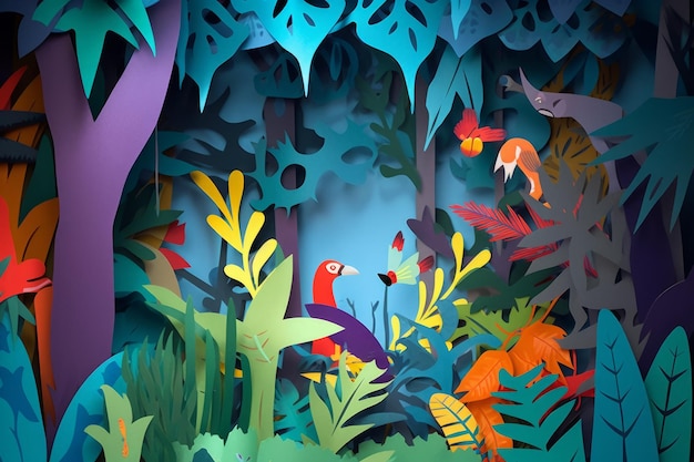 A paper cut out of a jungle scene with a bird and a cat.